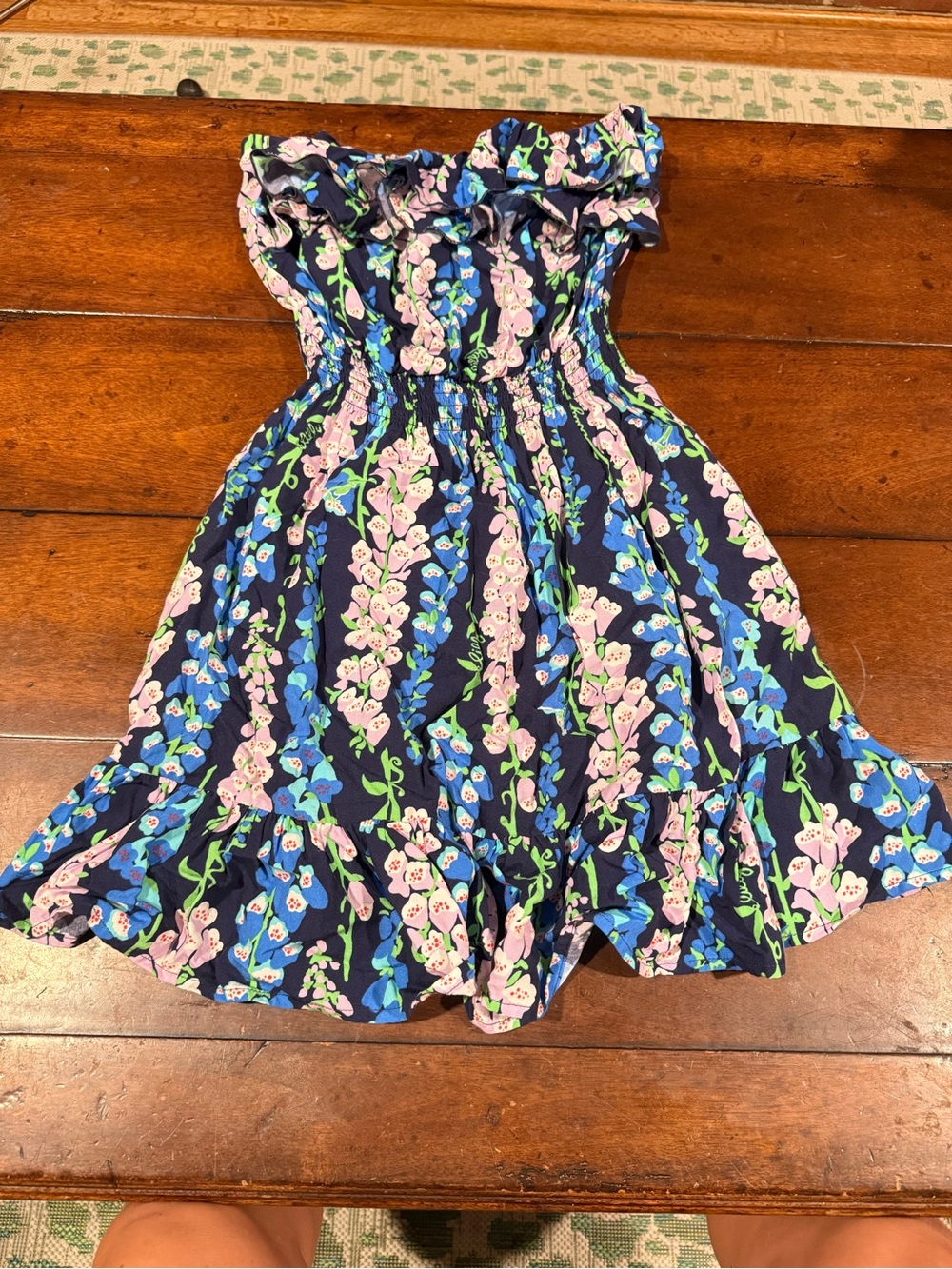 Lilly Pulitzer Navy Floral Ruffle Strapless Dress - Pink & Blue